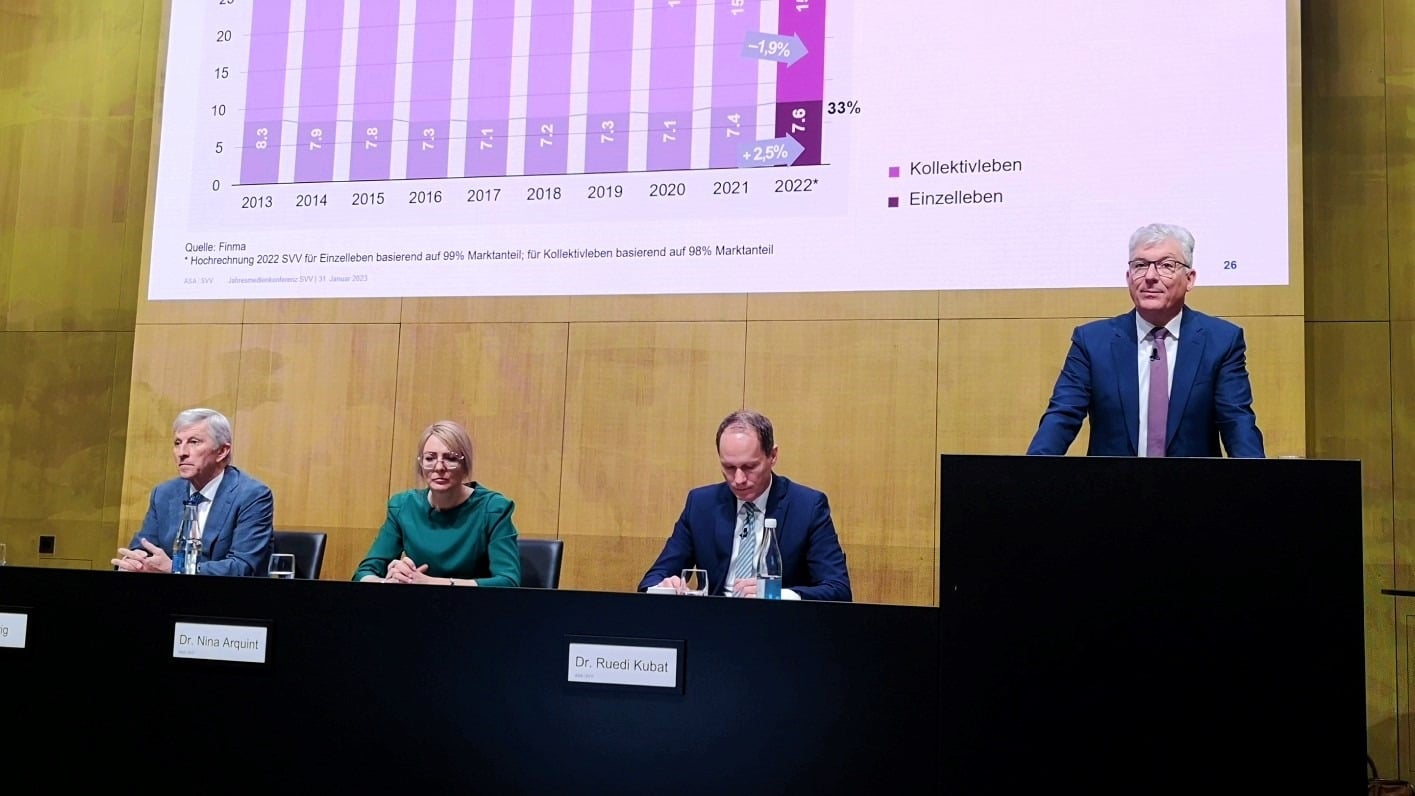 SVV: Von re. Nach li: Urs Arbter, Direktor SVV, Dr. Ruedi Kubat, Vorstandsmitglied SVV und CEO Allianz Suisse, Dr. Nina Arquint, Präsidentin Ausschuss Rückversicherung SVV und CRO Swiss Re Corporate Solutions, Dr. Rolf Dörig, Präsident SVV.