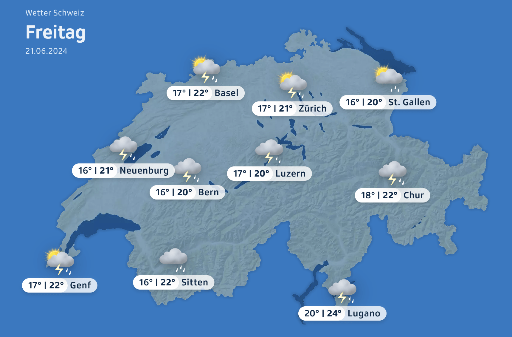 Wettervorhersage für Freitag, 21. Juni 2024 von srf.ch/meteo.