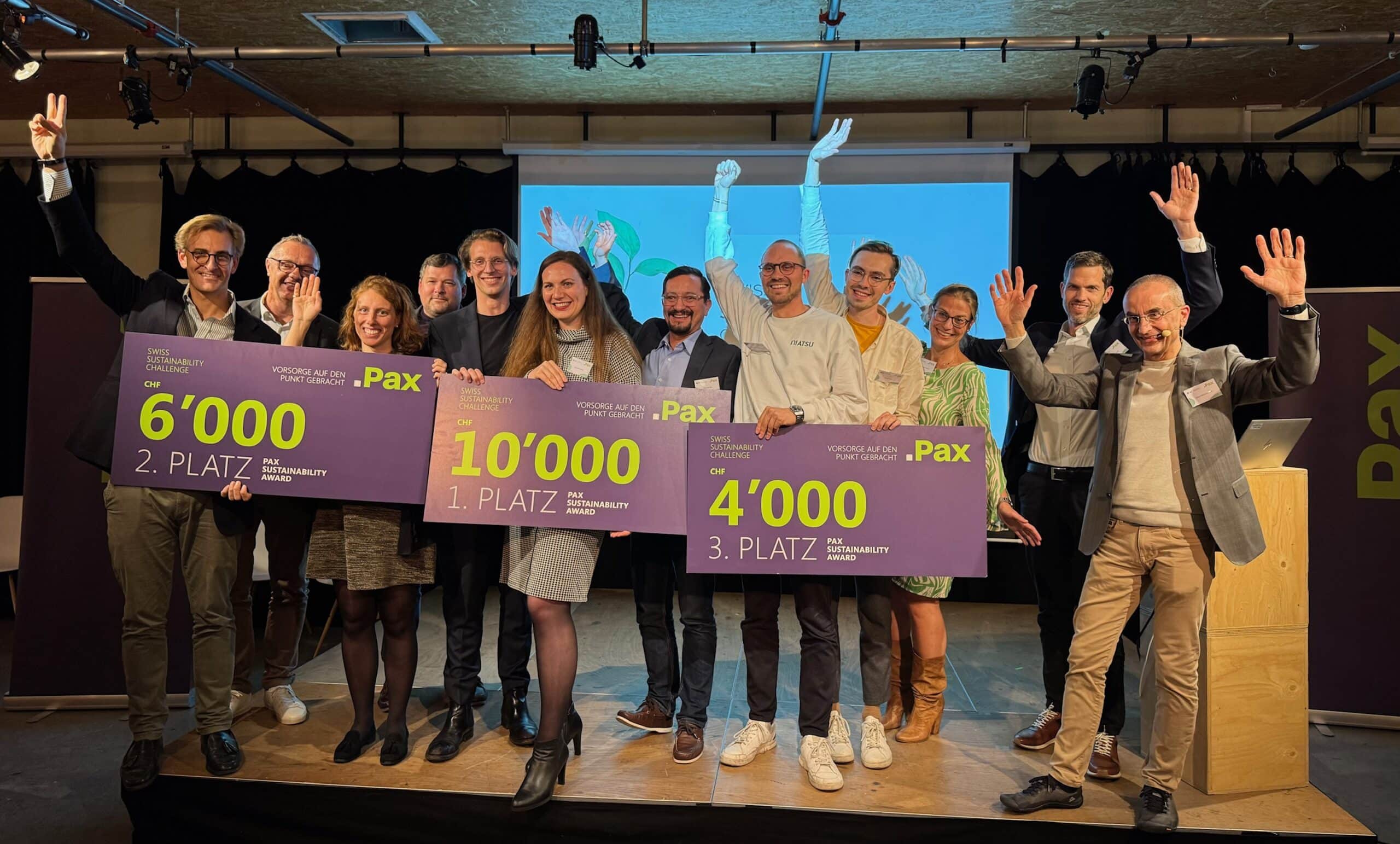 Peter Kappeler, CEO Pax, Christin-Isabell Henn, COO Pax, Christoph Jorns, CFO Pax, and Prof. Dr. Claus-Heinrich Daub, lecturer in sustainable business management at the FHNW and project manager of the Swiss Sustainability Challenge, together with the winners of the Pax Sustainability Awards 2024.