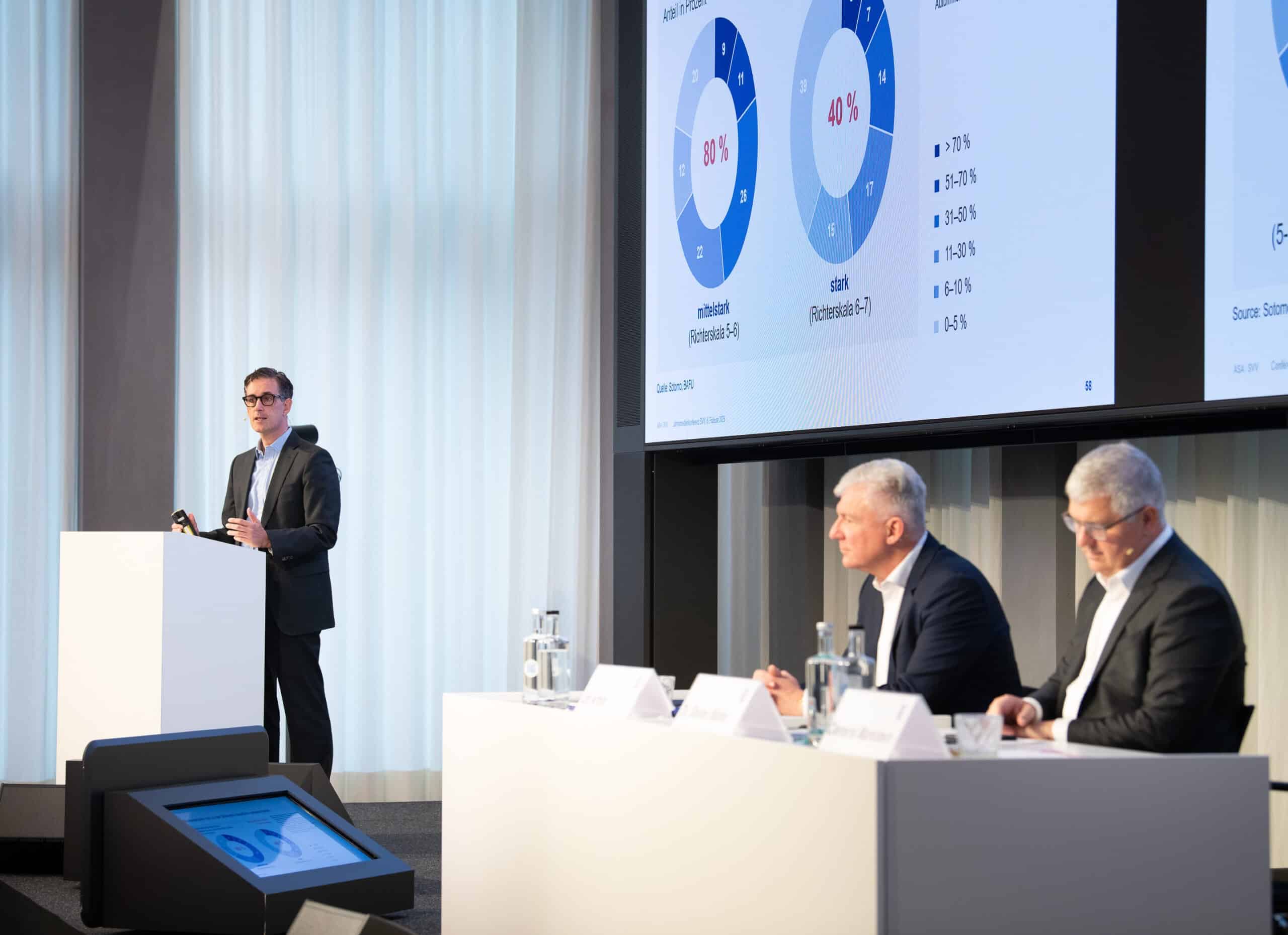 Jahresmedienkonferenz des Schweizerischen Versicherungsverbands SVV. V.l.n.r. Clemens Markstein, Vorstandsmitglied SVV, Urs Arbter, Direktor SVV und Stefan Mäder, Präsident SVV.