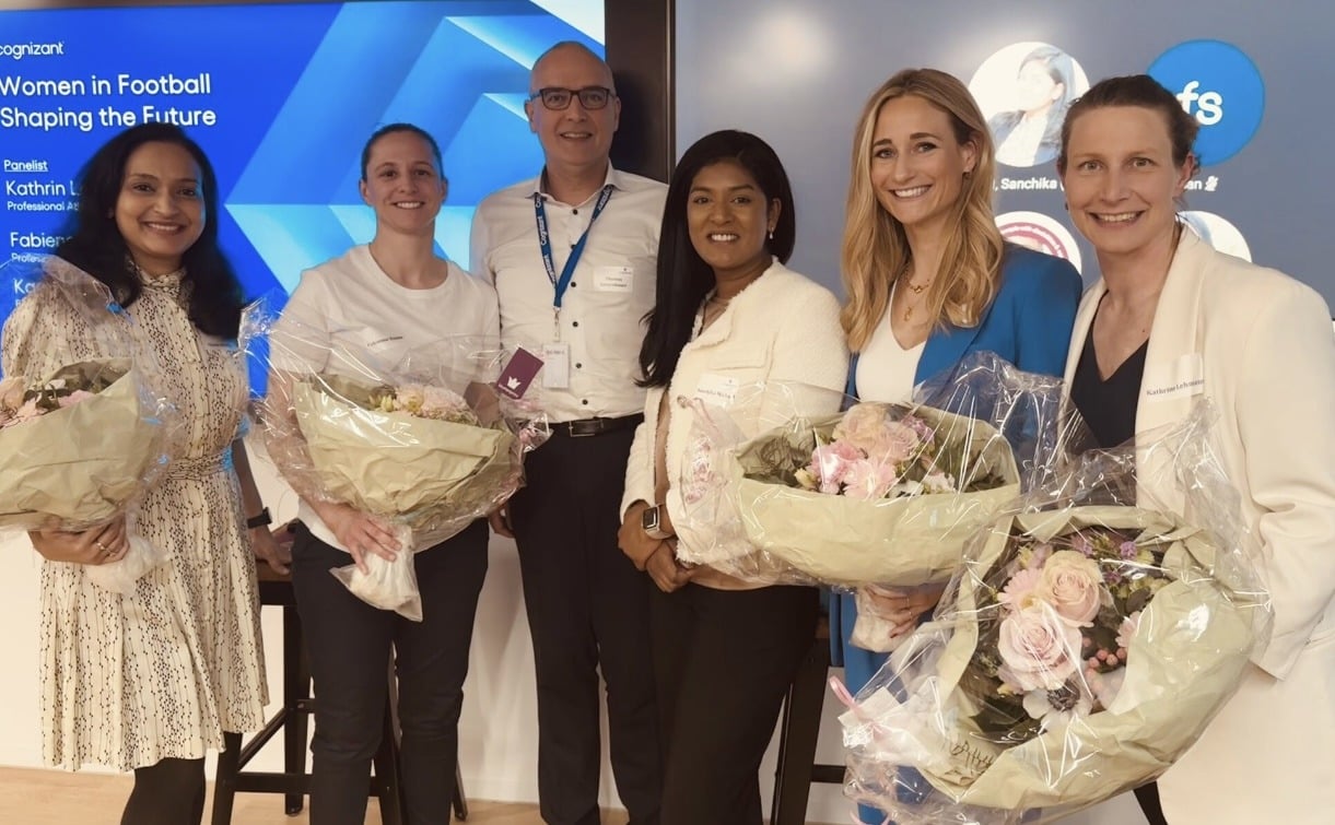 Frauen im Fußball und in der Wirtschaft stärken. Von links nach rechts: Kamalika Chakraborty, Fabienne Humm, Thomas Gassenbauer, Sanchika Michael, Jennifer Arman und Kathrin Lehmann.