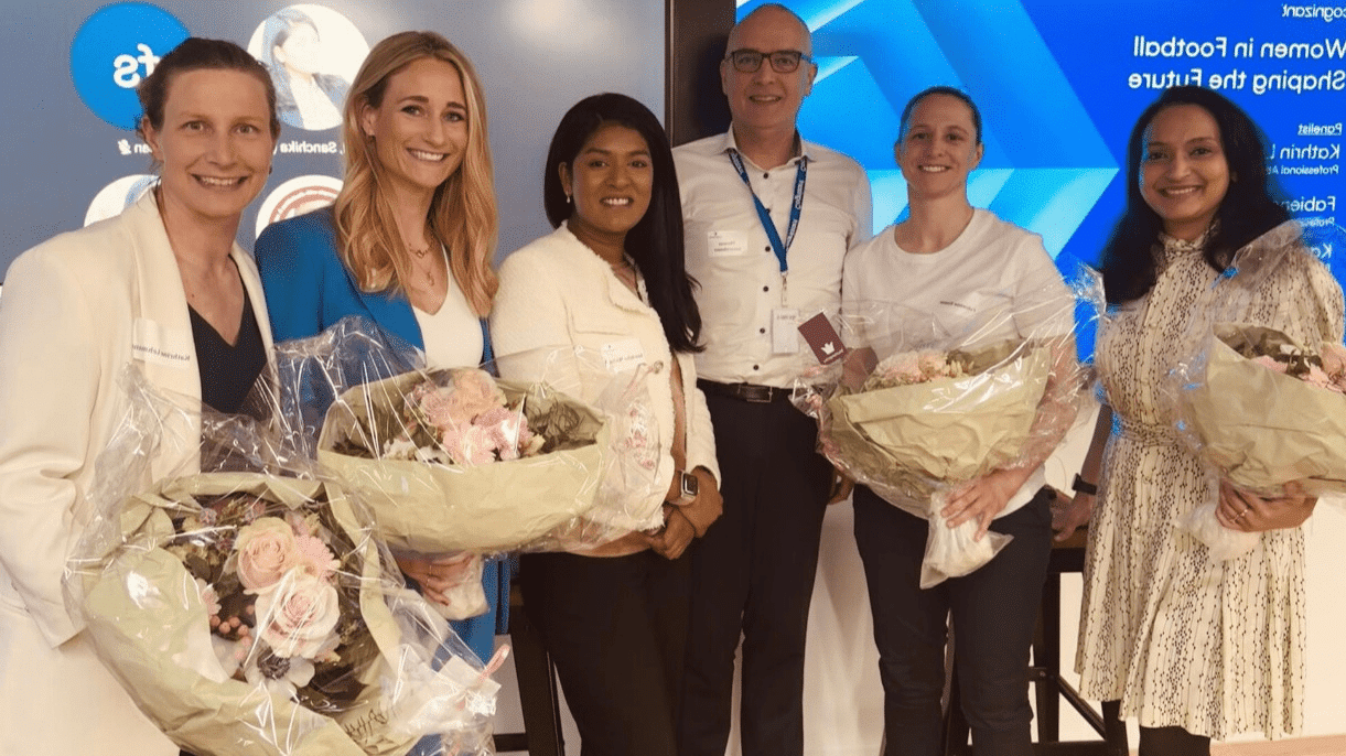 Frauen im Fussball und in der Wirtschaft stärken. V.l.n.r.: Kathrin Lehmann, Jennifer Armand, Sanchika Michael, Fabienne Humm, Thomas Gasssenbauer und Kamalika Chakraborty.